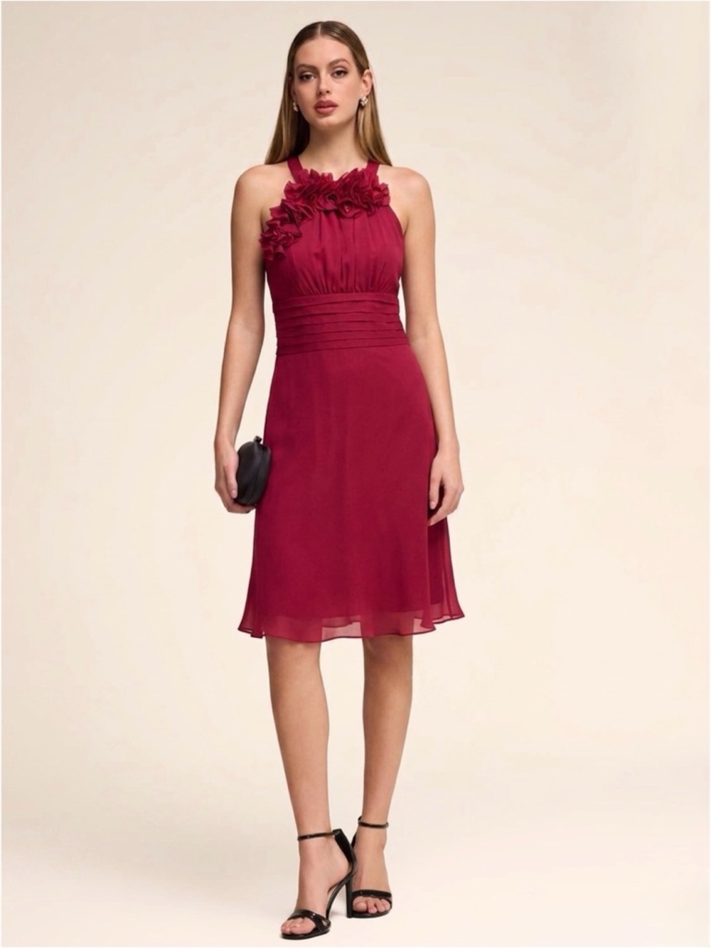 Le Chateau Raspberry Floral Appliqué Halter Dress